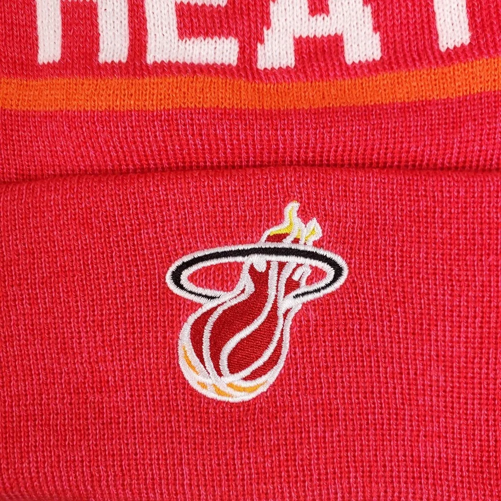 Miami Heat Mitchell & Ness NBA Cuff‎ Knit Beanie Pom Hat Cap Bright Red NWT